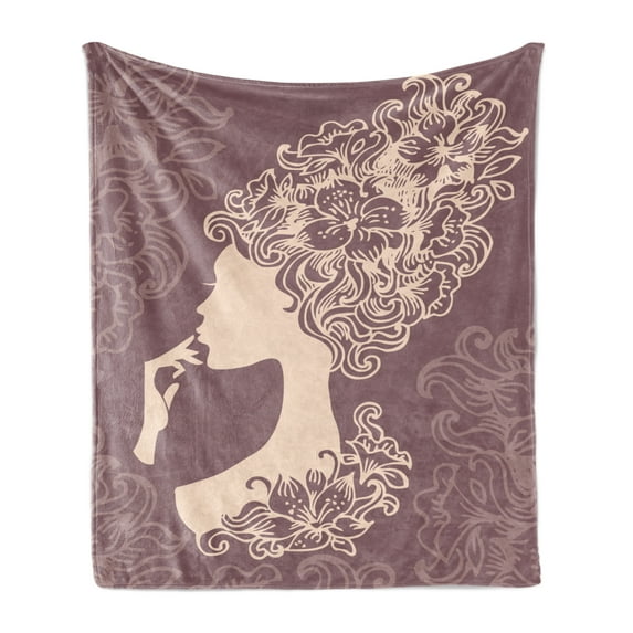 Vintage Woman Soft Flannel Fleece Throw Blanket, Woman Silhouette with Flowered Hair Style Abstract Beauty Image, Cozy Plush for Indoor and Outdoor Use, 50" x 70", Mauve Taupe and Beige, by Ambesonne