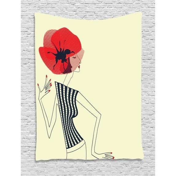 Vintage Woman Tapestry, Retro Girl with Poppy Flower Style Hat and Nailpolish Doodle, Wall Hanging for Bedroom Living Room Dorm Decor, 40W X 60L Inches, Ivory Vermilion Dark Blue, by Ambesonne