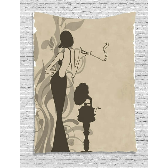 Vintage Woman Tapestry, Retro Girl Posing with Cigarette with Old Nostalgic Gramophone Background, Wall Hanging for Bedroom Living Room Dorm Decor, 60W X 80L Inches, Tan and Taupe, by Ambesonne