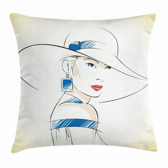 Vintage Woman Throw Pillow Cushion Cover, Fashion Sketch of Beautiful Female with Hat and Blue Eyes Illustration, Decorative Square Accent Pillow Case, 20 X 20 Inches, Ivory Blue Coral, by Ambesonne
