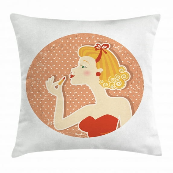 Vintage Woman Throw Pillow Cushion Cover, Pin Up Style Female Image Wearing Lipstick on Weathered Polka Dot Backdrop, Decorative Square Accent Pillow Case, 24 X 24 Inches, Multicolor, by Ambesonne