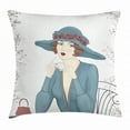 thumbnail image 1 of Vintage Woman Throw Pillow Cushion Cover, Portrait of a Beautiful Woman Sitting at a Table and Holding a Cup of Coffee, Decorative Square Accent Pillow Case, 20 X 20 Inches, Multicolor, by Ambesonne, 1 of 2