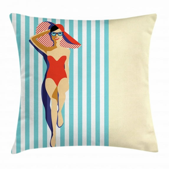Vintage Woman Throw Pillow Cushion Cover, Pretty Young Woman Sunbathing at the Beach in Sunny Day Summer Holiday Theme, Decorative Square Accent Pillow Case, 18 X 18 Inches, Multicolor, by Ambesonne