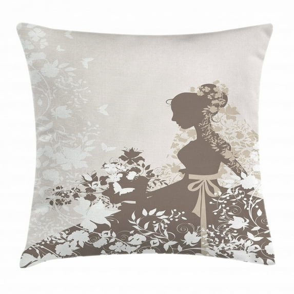 Vintage Woman Throw Pillow Cushion Cover, Wedding Theme Background with Flowers Bouquet and Bride Silhouette, Decorative Square Accent Pillow Case, 20 X 20 Inches, Taupe Eggshell White, by Ambesonne