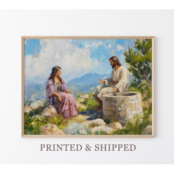 Vintage Woman At The Well Print | Samaritan Woman | Jesus Bible Art | Modern Christian | Bible Sketch Scripture | Vwa Warm Present Vintage UNFRAMED Poster Size 24x36