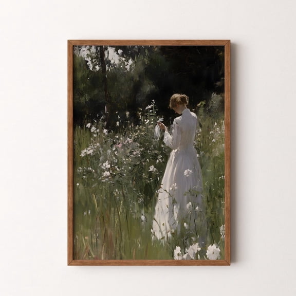 Vintage Woman White Dress Moody Spring Garden Scene, Unframed Poster