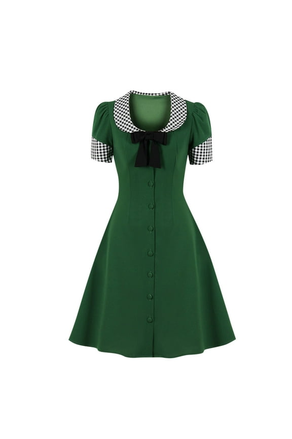 Vintage Women 1940s Bow Tie Neck Dress Retro 40s 50s Plaid Button Down Business Work A-line Cocktail Party Dresses
