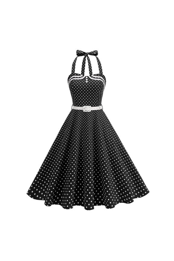 Vintage Women 1950s Rockabilly Swing Dress 50s Retro Polka Dot Halterneck A-Line Dresses Cocktail Tea Party Dress