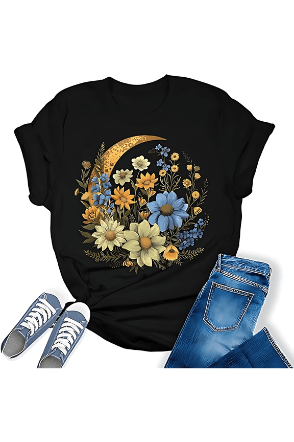 Vintage Women Boho Floral Moon Graphic T Shirt Funny Colorful Wildflowers Girl Short Sleeve Botanical Tee Tops