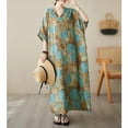 thumbnail image 1 of Vintage Women Cotton Linen Dress Print Spliced V Neck Short Sleeve Pocket Loose Dress, 1 of 9
