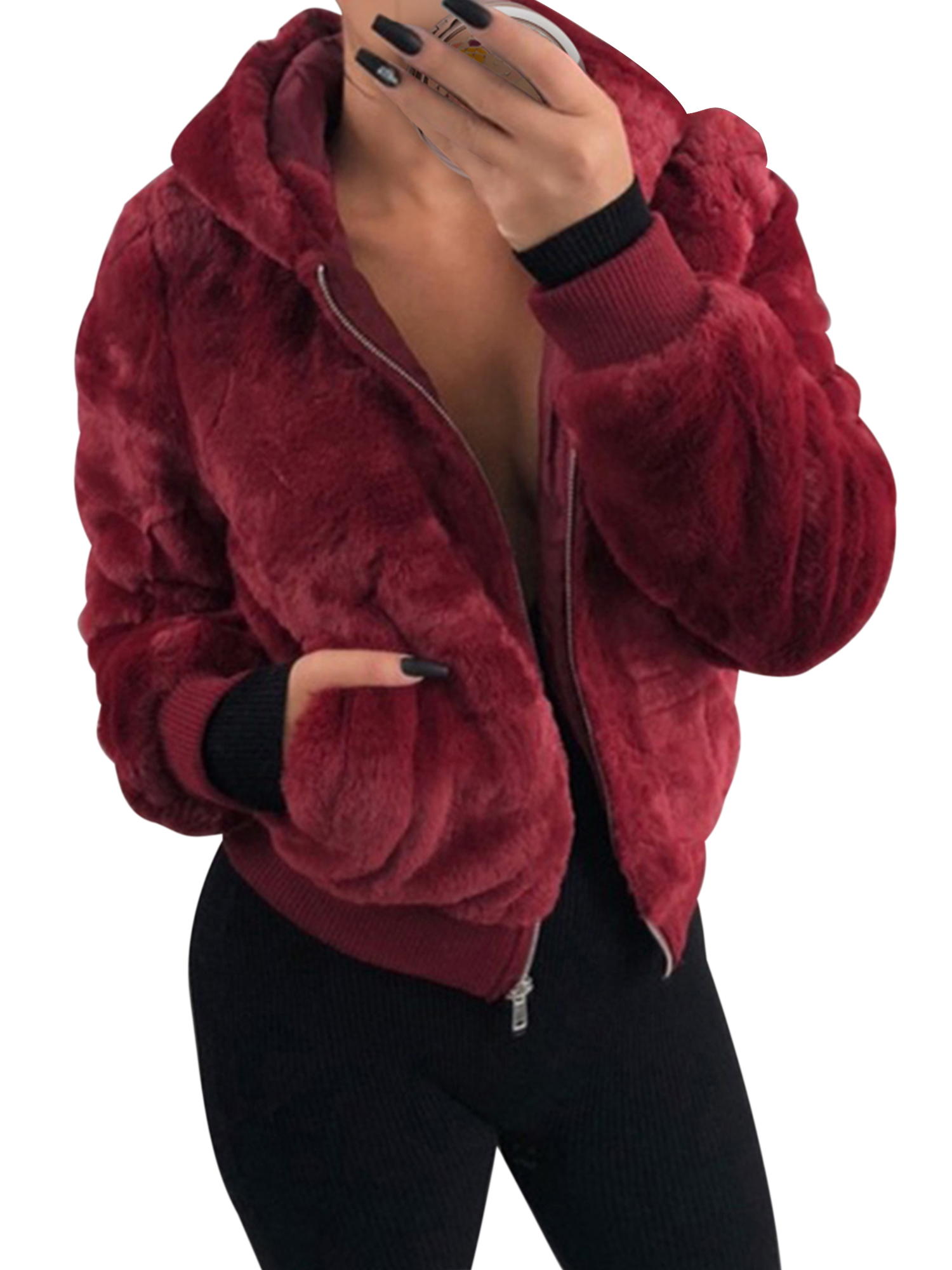 Vintage Women Faux Fleece Coat Jacket Hooded Outwear Ladies Winter Fashon Crop Zipper Coat Sweatshirt Sweater Long Sleeve Coat Fleece Warm Jacket Outwear - image 1 of 5