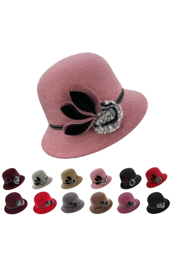 Vintage Women Floral Dress Cloche Winter Hat 1920s, Pink