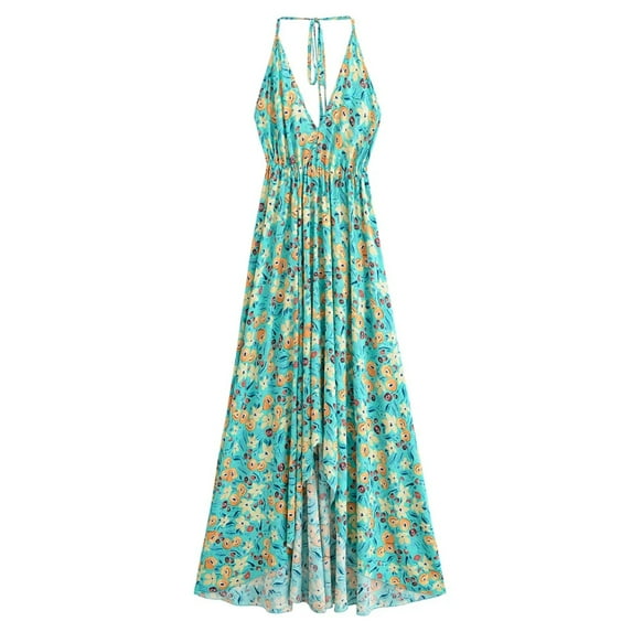 Vintage Women Floral Print Open Back Sexy Beach Bohemian Maxi Dress Lady High-Low Tassel Strapless Vacation Summer Boho Dress