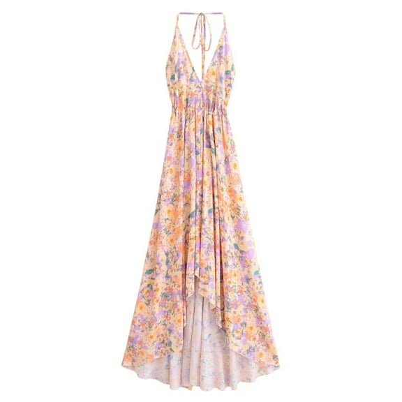 Vintage Women Floral Print Open Back Sexy Beach Bohemian Maxi Dress Lady High-Low Tassel Strapless Vacation Summer Boho Dress