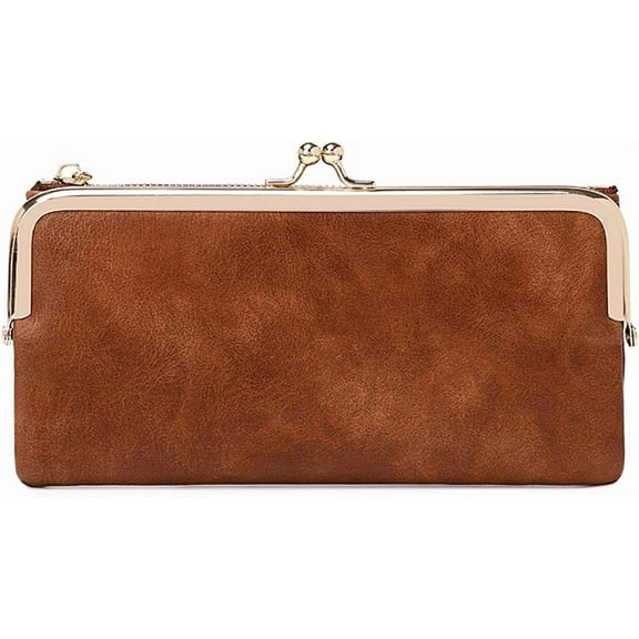 Vintage Women Long Wallets Bifold Ladies Purse Clutch with Kiss Lock and Zip Coin Pocket