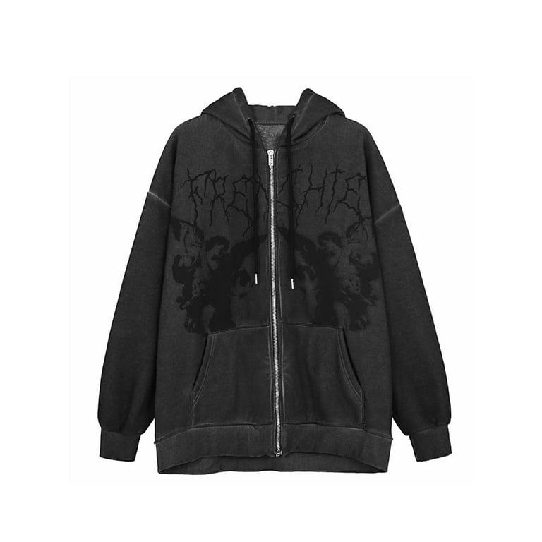 Vintage Women Oversized Hooded Sweatshirt Angel Print Long Sleeve Zip up Jacket Aesthetic Fall Spring Streetwear