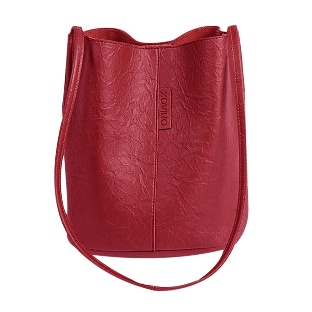 Vintage Women Shoulder Crossbody Bag Leather Totes Bucket Handbag (Red ...