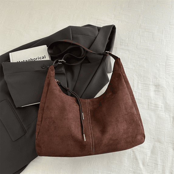 Vintage Women Shoulder Tote Hobo Bag Zipper Soft Suede Large Shopper Bag Handbag-Coffee