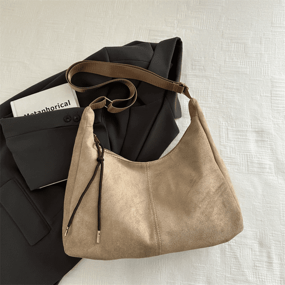 Vintage Women Shoulder Tote Hobo Bag Zipper Soft Suede Large Shopper Bag Handbag-Khaki