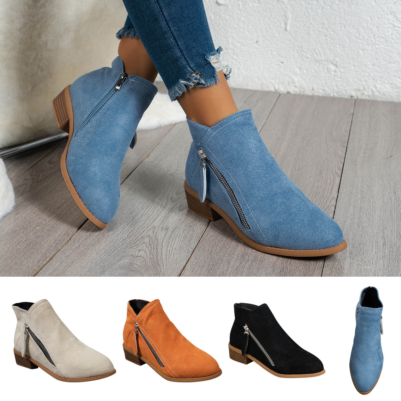 Vintage Women Slip On Boots Pointed Toe Round Thick Heel Solid Low Cut ...