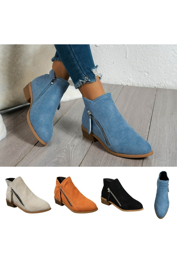 Vintage Women Slip On Boots Pointed Toe Round Thick Heel Solid Low Cut Side Zipper Short Shoes Black qILAKOG Size 5.5