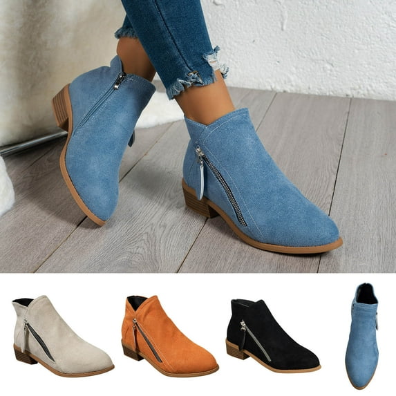 Vintage Women Slip On Boots Pointed Toe Round Thick Heel Solid Low Cut Side Zipper Short Shoes Light Blue qILAKOG Size 9.5
