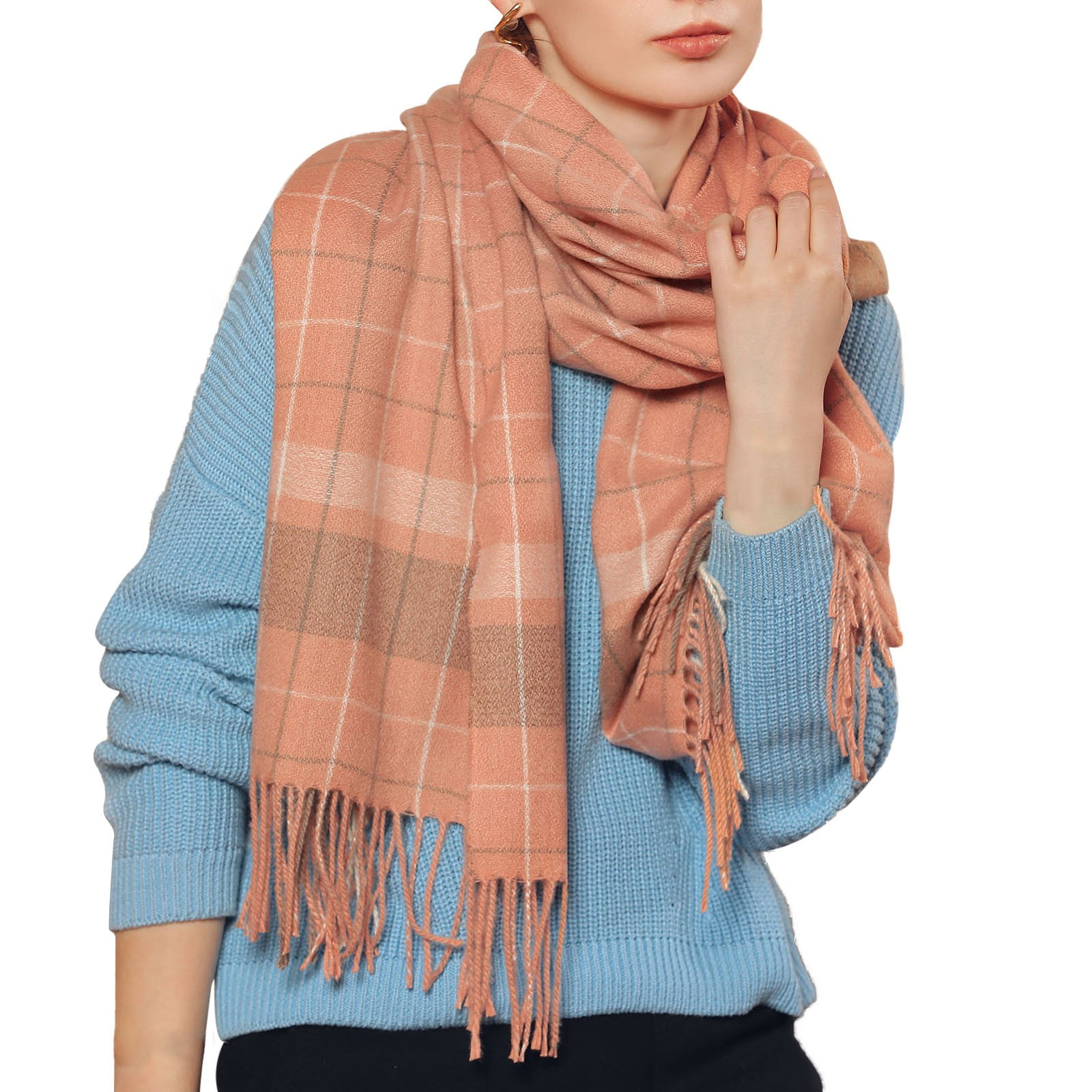 1pc Classic Fashionable Women's Brown Plaid Tassel Scarf With Two
