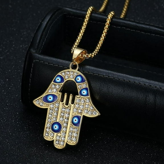 Vintage Women Turkish Evil Eye Hamsa Hand 14K Yellow Gold Pendant Necklaces Punk Men Spiritual Hamsa Palm Lucky Amulet Collares Jewelry