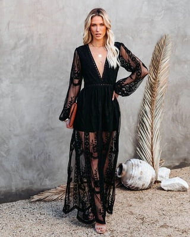 Vintage Women V neck Long Sleeve Ruffles Bohemian Beach Maxi Dress Ladies Chiffon Lace Hollow Out Boho Dresses Walmart