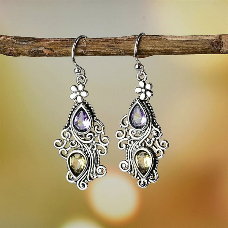 Vintage Women Water Drop Rhinestone Flower Dangle Hook Earrings
