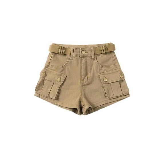 Vintage Women's Denim Shorts Hight Waisted Pockets Khaki Y2k Casual Jeans Cargo Pants Gothic Black Short Jeans Summer New-Khaki-XL