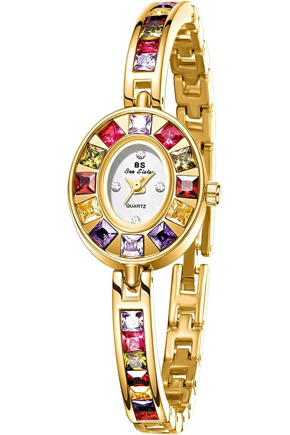 Vintage Women's Dress Watch Colorful Crystal Oval Bracelet Ladies Small Dial Quartz Waterproof Dainty Wrist Watch Adjustment Tool Included