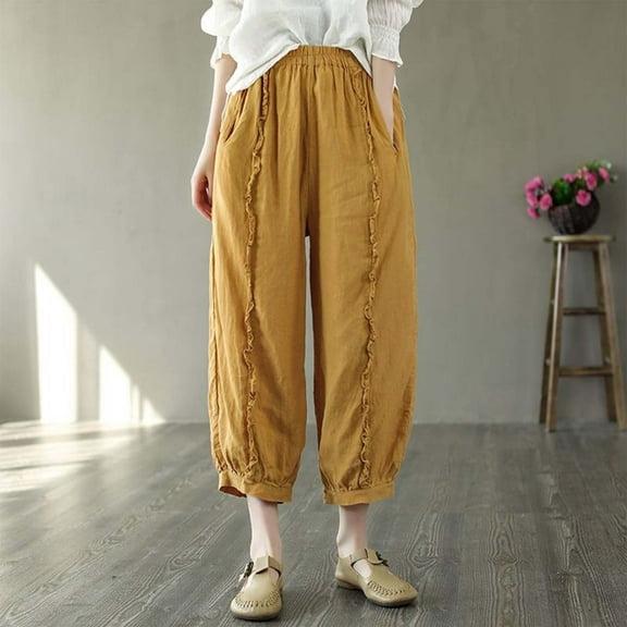Vintage Women's Lace Trimmed Linen Harem Pants Casual Loose Breathable Trousers For Summer Comfort Cropped Pants for Women Casual Casual Pants for Women with Pockets Petite Wide Leg Casual Pants for