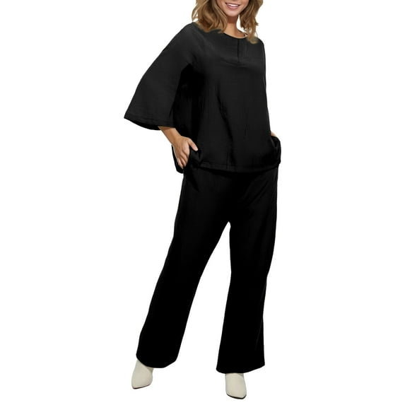 Vintage Women's Linen Two Piece Set With Loose Fit Elastic Waist Pants Wedding Jumpsuits for Women Bride Pantsuit Paints Suit for Women Pant Suits for Women Business Women Jumpsuits And Rompers Dressy