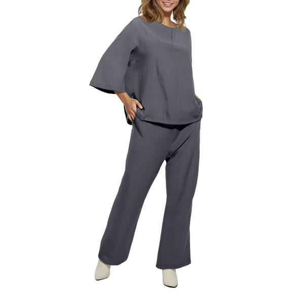 Vintage Women's Linen Two Piece Set, Loose Fit, Elastic Waist Pants, for Casual & Light Activities