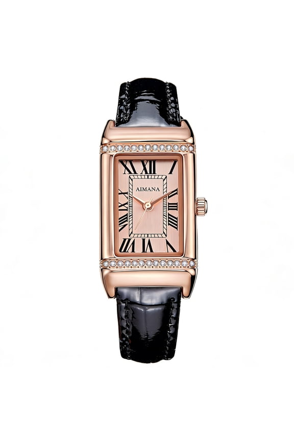 Vintage Womens Rectangle Dress Watch with Rose Gold Mother of Pearl Dial, Quartz Movement Leather Strap