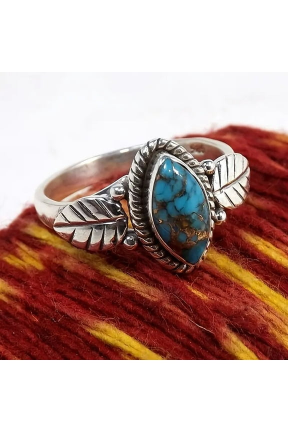 Vintage Women's Ring Oval Cut Gipsy Boho Chic Marquise Synthetic Turquoise Leaf Signet Ring Size