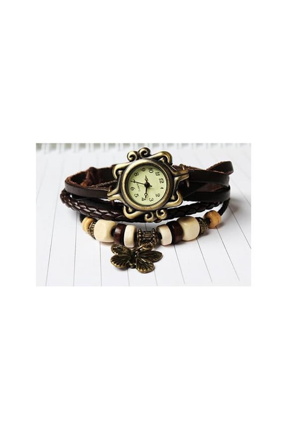 Vintage Women's Watch Bohemian Handmade Leather Watch Quartz Wrist Watch Fashion - Brown