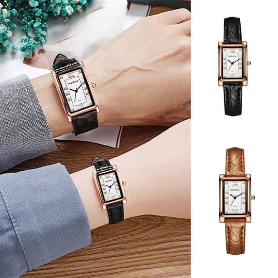 Vintage Women's Watch, Rectangular Case with White Roman Numeral Dial, Leather Band Quartz Wristwatch, Couple Watches for Women Gifts for Girlfriends