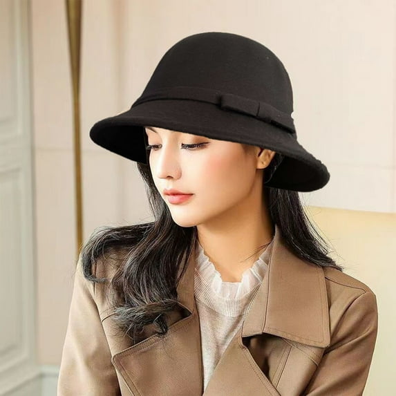 Vintage Women's Winter Hat Classic Wide Brim Bucket Style Retro Elegant Cap Black One Size