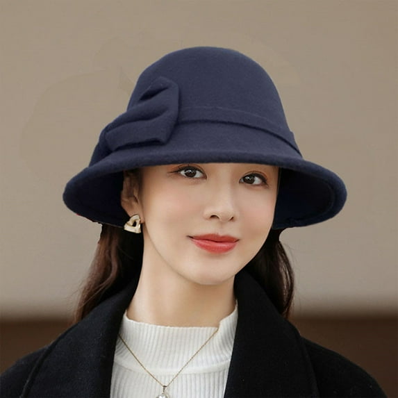 Vintage Women's Winter Hat Classic Wide Brim Bucket Style Retro Elegant Cap Navy One Size