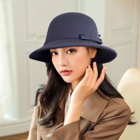 Vintage Women's Winter Hat Classic Wide Brim Bucket Style Retro Elegant Cap Navy One Size