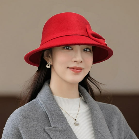 Vintage Women's Winter Hat Classic Wide Brim Bucket Style Retro Elegant Cap Red One Size