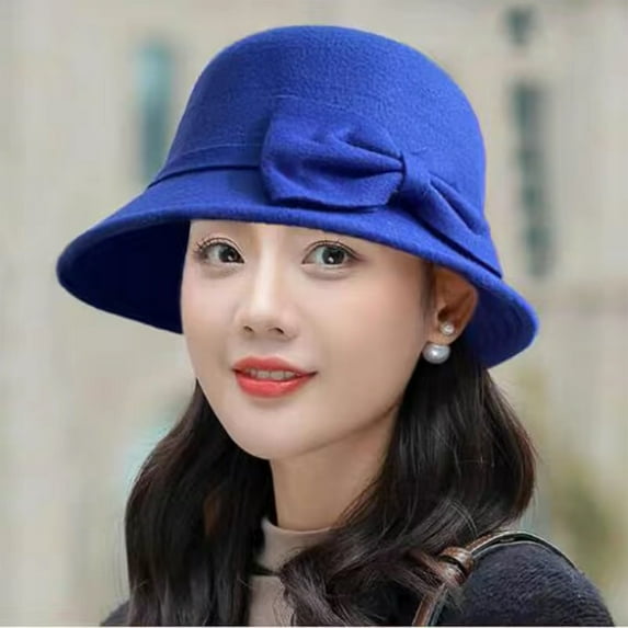 Vintage Women's Winter Hat Classic Wide Brim Bucket Style Retro Elegant Cap Royal Blue One Size
