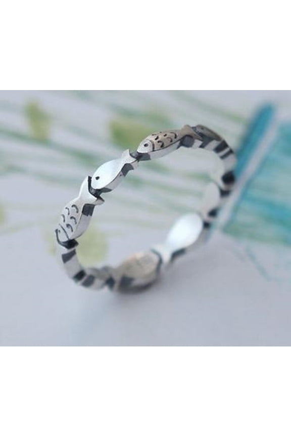 Vintage Womens 925 Sterling Silver Fish Ring, Geometric Electroplated Thai Silver Statement Ring for Women