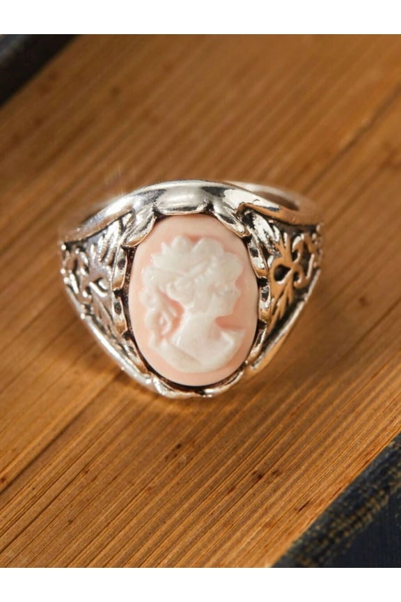 Vintage Womens Carved Cameo Ring With Queen Profile In Pink Shell, Silvertone Metal, Color 6