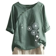 VEKDONE Vintage Womens Casual Cotton Linen Tops Summer Classic Print Gauze V Neck Button Down T-Shirts Loose Fit Short Sleeve Blouses