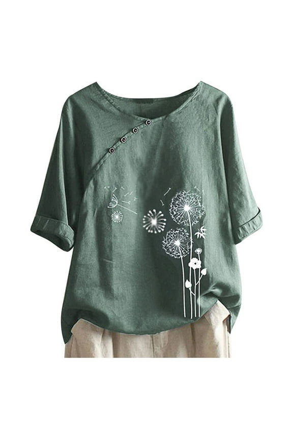 Vintage Womens Casual Cotton Linen Tops Summer Classic Print Gauze V Neck Button Down T-Shirts Loose Fit Short Sleeve Blouses