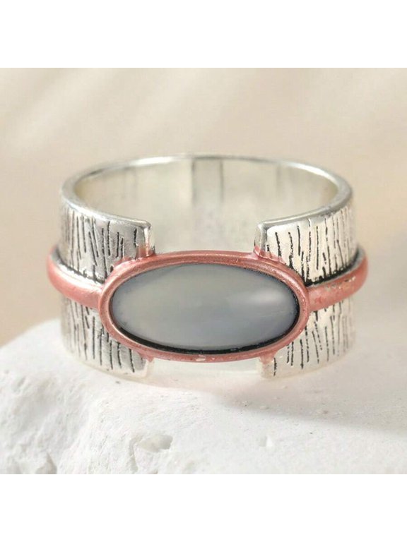 Vintage Womens Cat Eye Glass Ring In Silvertone And Rose Gold Tone, Color 8