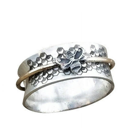 Vintage Womens Two-Tone Honeycomb Rotatable Alloy Statement Ring, Unique Design, Metal Fashion Ring